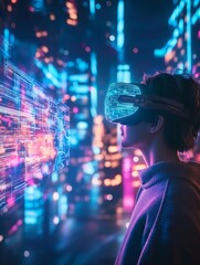 Poster - Neon-futuristic Urban Scene Young Adult with VR Headset Interacting with Holographic Data in Vibrant Cityscape Innovating Tech Solutions for Smart City Development