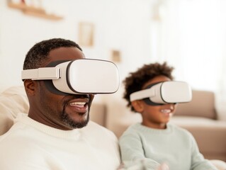 Poster - Futuristic Family VR Experience Father and Son Enjoy Collaborative Game in Bright, Minimalist Living Room - Enhancing Home Entertainment and Digital Connectivity