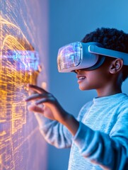Leinwandbilder - Immersive VR Collaboration Teen Innovators in Futuristic Tech Lab with Holographic Interface - Inspiring Creativity in Digital Education and Virtual Reality Development