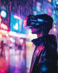 Fototapete - Neon Cyberpunk Vision Holographic Ads and VR Headset in Rain-Slick Cityscape - Immersive Tech Content for Urban Marketing and Futuristic Design
