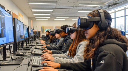 Aufkleber - Immersive Virtual Reality Workshop Diverse Youth Engaging in Team Collaboration with Advanced VR Headsets in Tech-Enhanced Classroom for EdTech Innovation
