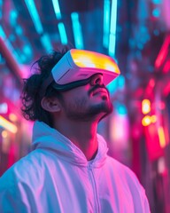 Fototapete - Neon-Tech Immersion Hispanic Man in Futuristic VR Glasses and Reflective Jacket - AI-Powered Virtual Exploration and EdTech Innovation for Enhanced Learning