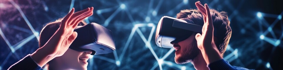 Fototapete - Futuristic Collaboration in VR Young Professionals High-Fiving in AI-Driven Smart Office - Tech-Forward Corporate Teamwork and Innovation Vision