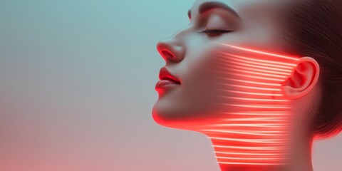 Fototapete - AI-Powered Digital Face Scan Futuristic Red Light Overlay on Model for Advanced Tech Integration in Virtual Reality and Innovative Marketing Imagery