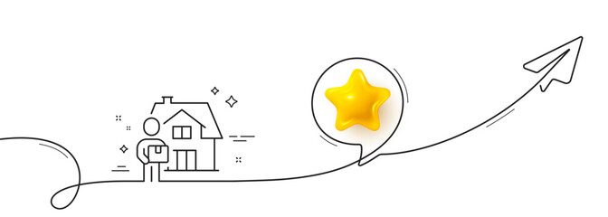 Wall Mural - Delivery man line icon. Continuous line with share plane. Courier with package sign. Things deliver symbol. 3d star in speech bubble. Delivery man single line ribbon. Loop curve pattern. Vector