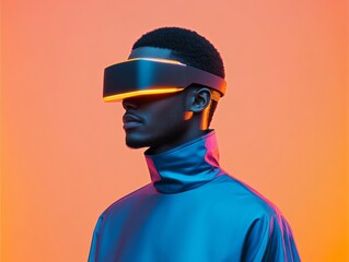 Aufkleber - Futuristic Tech Vision Sleek VR Headset and Electric Blue Suit in Neon Backdrop - Immersive Young Adult Experience and Cutting-Edge Digital Marketing Solutions
