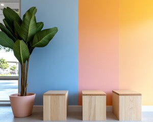 Aufkleber - Contemporary Nordic Aesthetic in Kindergarten Playroom Wooden Storage Cubes and Biophilic Design - Child-Centric Learning Environment for Educational Spaces and Modern School Branding