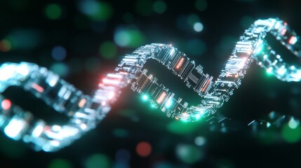 Wall Mural - digital representation of dna strand with glowing elements in a futuristic setting