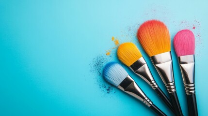 Canvas Print - Three paint brushes positioned on a blue background for artistic display and inspiration