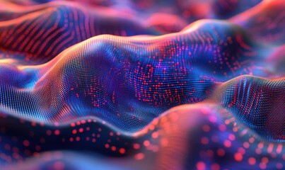 Abstract streams of data in glowing red and blue lines, weaving seamlessly into a digital matrix.