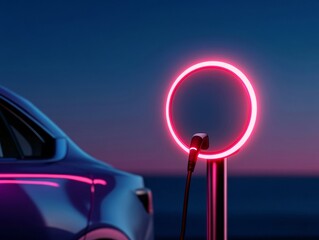 Aufkleber - Electric Vehicle Neon Charging Hub Futuristic LED Circle with Car at Urban Station - High-Tech Mobility Content and Sustainable Urban Transport Innovation