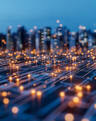 Poster - Tech-Infused Urban Finance Blockchain Nodes and Cryptocurrency Icons in Blue-Violet Cityscape - Elevating Fintech Innovation and Digital Payment Solutions for Modern Business Growth