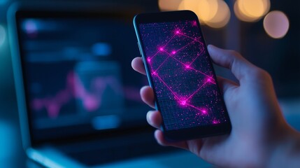 Poster - Futuristic Crypto Wallet Interface on Smartphone Neon Blue and Violet Light Reflection - Digital Finance Transformation for Innovative Fintech Solutions in Modern Business Settings