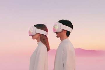 Fototapete - Futuristic VR Wear in Digital Art Spaces Minimalist Aesthetic with Holographic NFTs for Innovative Gallery Experience - Engaging Virtual Content for Young Demographics