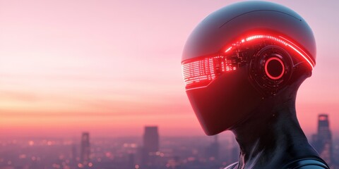 Fototapete - Cyberpunk Robotics Display Glowing Circuitry and Futuristic Skyscrapers - Cutting-edge AI Technology for Commercial Innovation and Urban Development Showcases