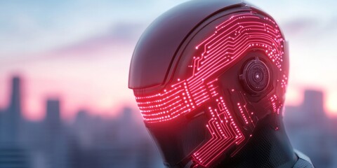 Fototapete - Cyberpunk Robotics Showcase Glowing Circuitry on Humanoid Figure in Neon Skyline - Futuristic Technology Display and AI Innovation for Smart City Development