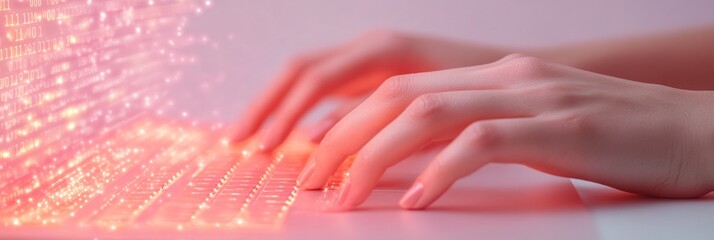 Fototapete - Neon Cybersecurity Concept Typing Hands on Glossy Keyboard with Virtual Shield - Cutting-Edge Tech Content and Proactive Data Protection for Modern Enterprises