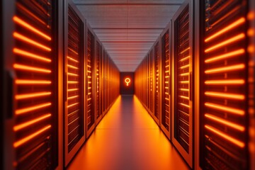 Aufkleber - Futuristic Glow-Inspired Data Corridor Illuminated Server Racks with Encrypted Pathway Iconography - Cutting-Edge Network Security for Advanced Tech Infrastructure