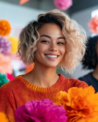 Poster - Vibrant Cross-Cultural Artistry Inclusive Group Creating Pom-Pom Flowers in Co-Working Space Diversity, Creativity and Marketing Content for Modern Workplaces