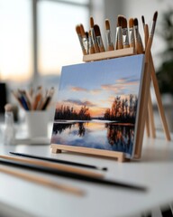 Leinwandbilder - Minimalist Creative Office Organized Art Supplies and Digital Tablet on Standing Desk - Enhancing Artistic Workflow for Modern Design Professionals