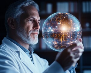Aufkleber - Futuristic Scientific Exploration Silver-Haired Scientist in Lab Coat Engages with Holographic Planetary System - Innovative Educational Tools in Astronomy and Tech-Driven Research