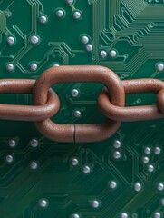 Leinwandbilder - Tech-Forward Security Visual Metal Chain Linked Over Circuit Board - Strengthening Cyber Defense for IT Solutions and Robust Digital Access Control