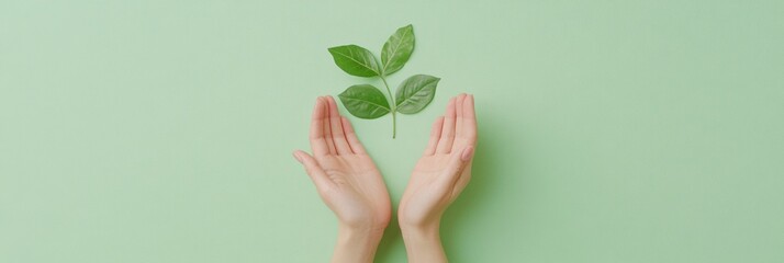 Poster - Minimalist Eco Branding Visual Delicate Hands Cradling Leafy Sapling on Soft Green - Sustainable Growth Content and Environmental Awareness Campaigns