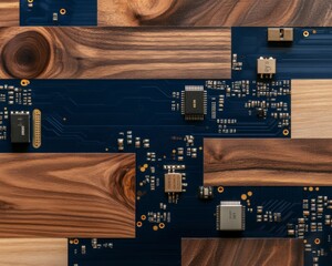 Fototapete - Wood-Infused Tech Display Blue Circuit Board with Microchips and Conductors on Grainy Surface - Digital Innovation Content and Aesthetic Hardware for Modern Business Solutions