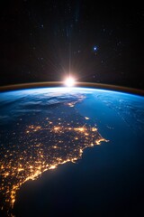 Poster - Celestial Urban Nightscape Earth from Space with Illuminated City Grids and Starlit Horizon - Futuristic Geospatial Visualization for Global Network Solutions
