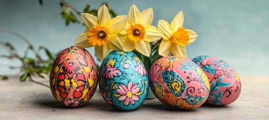 Canvas Print - Colorful Painted Easter Eggs and Daffodils on Rustic Wood, Festive Spring Holiday Background.