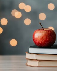 Fototapete - Modern Academic Aesthetic Hardcover Book Pyramid with Apple and Clock on Wooden Desk - Education Content for Professional Study Spaces and Structured Learning Promotion