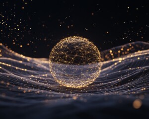 Poster - Futuristic Digital Connectivity Ethereal Network Sphere in Dynamic Light Fragments on Dark Canvas - Transformative Tech Aesthetic for Modern Cloud Solutions
