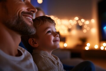 Aufkleber - Contemporary Smart Living Family Engaging with AI Digital Assistant in a Cozy Evening Setting - Home Automation and Modern Lifestyle Innovation
