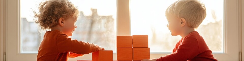 Fototapete - Interactive Educational Play Two Young Children with Wooden Blocks in Sunlit Room - Enhancing Family Learning with Modern AR Toys for Cognitive Development