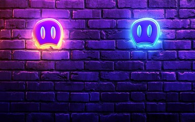 two neon ghost signs on a brick wall at night.