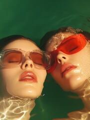 Poster - Retro-Futuristic Pool Glasses-Clad Models in Vivid Water - Summer Fashion Campaign and Vibrant Lifestyle Marketing Visuals