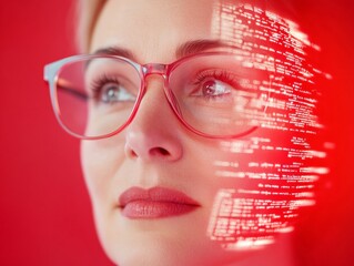 Fototapete - Tech-Chic Professional Modern Digital Engagement Portrait of a Woman in Glasses with Futuristic Digital Display for Business Innovation in Contemporary Workspaces