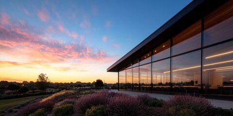Poster - Modern Architectural Harmony Glass-and-Steel Business Innovation Hub at Dusk, Landscape Integration - Commercial Enterprise Facility Design, Enhancing Corporate Appeal and Professional Aesthetic