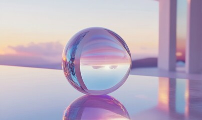 Poster - Crystal-clear sphere resting on a reflective surface, refracting light into soft colors, symbolizing clarity and focus.