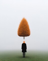 Poster - Minimalist Winter Art Frost-Covered Field with Floating Orange Tree and Solitary Figure - Conceptual Nature Imagery for Seasonal Marketing and Artistic Exploration