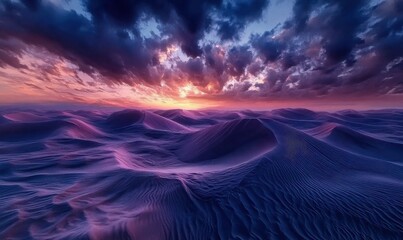 Wall Mural - Dramatic landscape of sand dunes under a twilight sky, undulating patterns creating a mesmerizing natural scene, deep contrasts