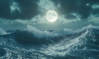 Poster - Dreamlike moonlight casting silvery hues over tranquil ocean waves, creating an ethereal nighttime scene.