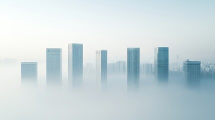 Aufkleber - Futuristic Urban Skyline in Mist Striking Skyscraper Silhouettes in Soft Morning Light - Ideal for Architectural Firms, Environmental Branding and Modern City Development