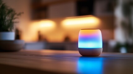 Aufkleber - Sleek UWB-Enabled Smart Speaker on Minimalist Wooden Shelf Metallic Finish and Warm Modern Lighting - Smart Home Connectivity in Tech-Savvy Living Spaces