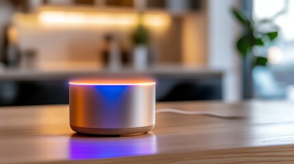 Fototapete - Modern Smart Home Aesthetics Sleek Metallic UWB Speaker on Timber Shelf Enhancing Connected Living with Digital Innovation for Advanced Home Ecosystems