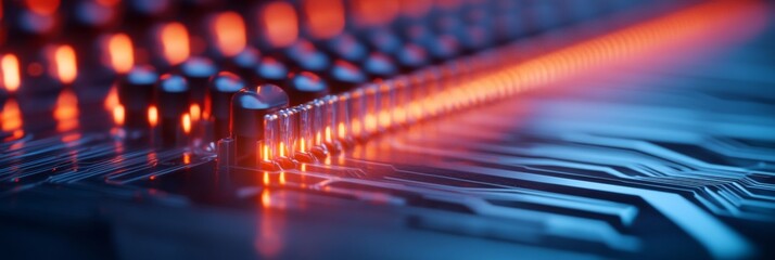 Poster - Neon Cyber Circuit Close-Up of Digital Circuit Board with LED Glow - Cutting-Edge Tech Innovation for Electronics Industry and Digital Marketing Solutions