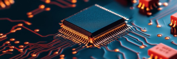 Fototapete - Futuristic Circuit Board Aesthetic Close-Up of Microchip with Copper Traces - Digital Innovation in Tech and Electronics Industry for Enhanced Connectivity Solutions