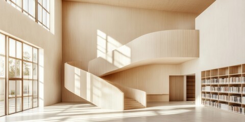 Poster - Minimalist Library Aesthetic Serene Wooden Staircase in Sunlit Educational Space - Contemporary Academic Design for Innovative Learning Environments