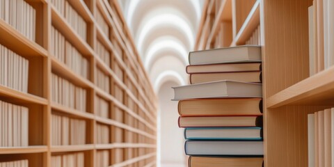 Poster - Minimalist Library Interior Stacked Books and Wooden Shelves in Arcadian Aesthetic - Educational Content and Inspiring Study Spaces for Knowledge-Driven Learning Environments