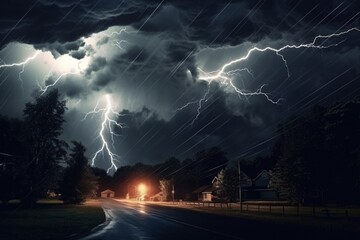 Wall Mural - Thunderstorms on a Dark and Stormy Night: Powerful Lightning Strikes, Heavy Winds, and Driving Rain